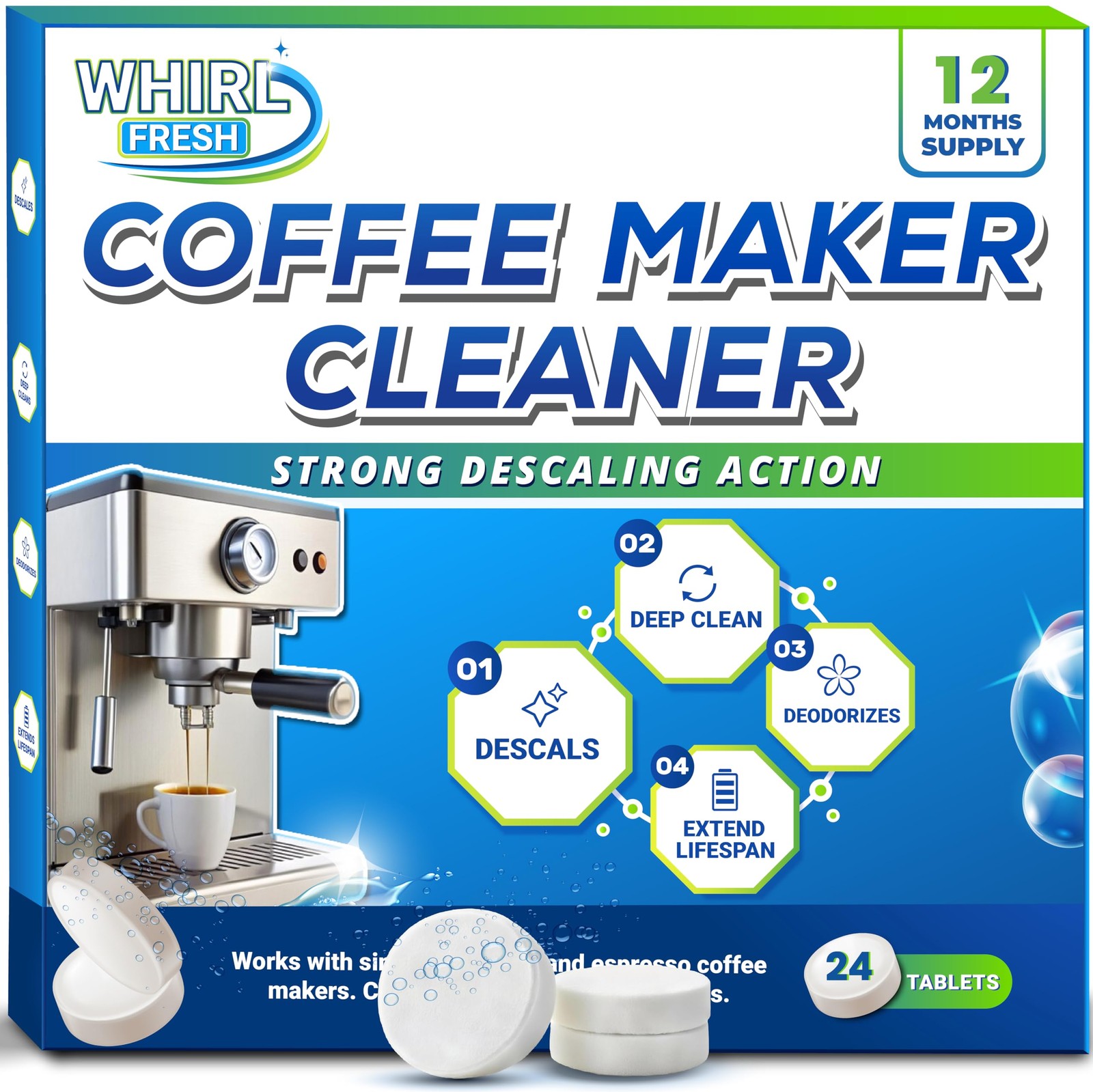 Whirl Fresh Coffee Machine Descaler Tablets – 24 1 Count (Pack of 24), White