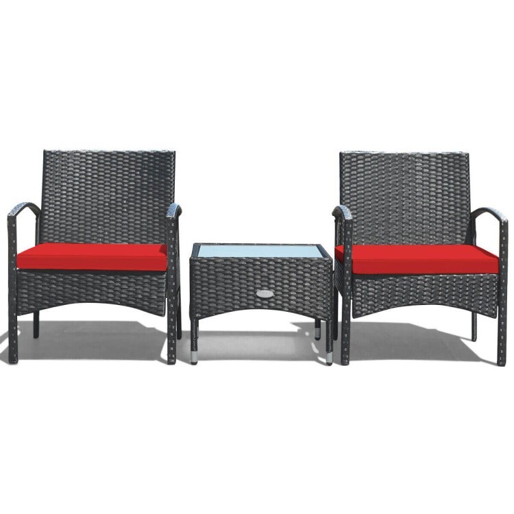 Costway 3-Piece Patio Wicker Rattan Furniture Set Red Cushion Lawn Backyard Set