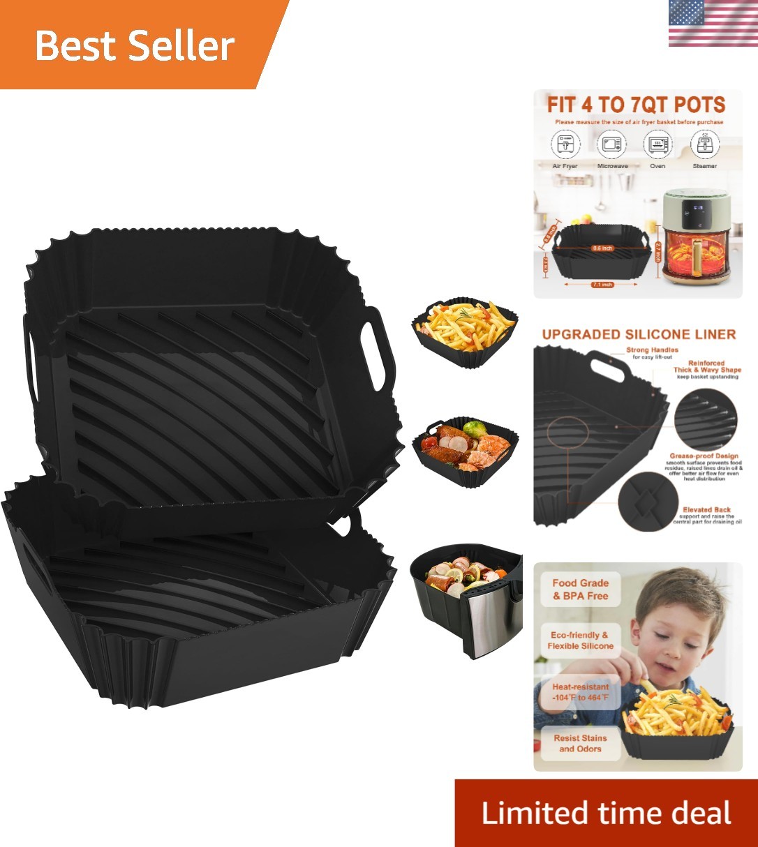 Heat Resistant Silicone Air Fryer Basket Liners - 2 Pack, Perfect for Baking
