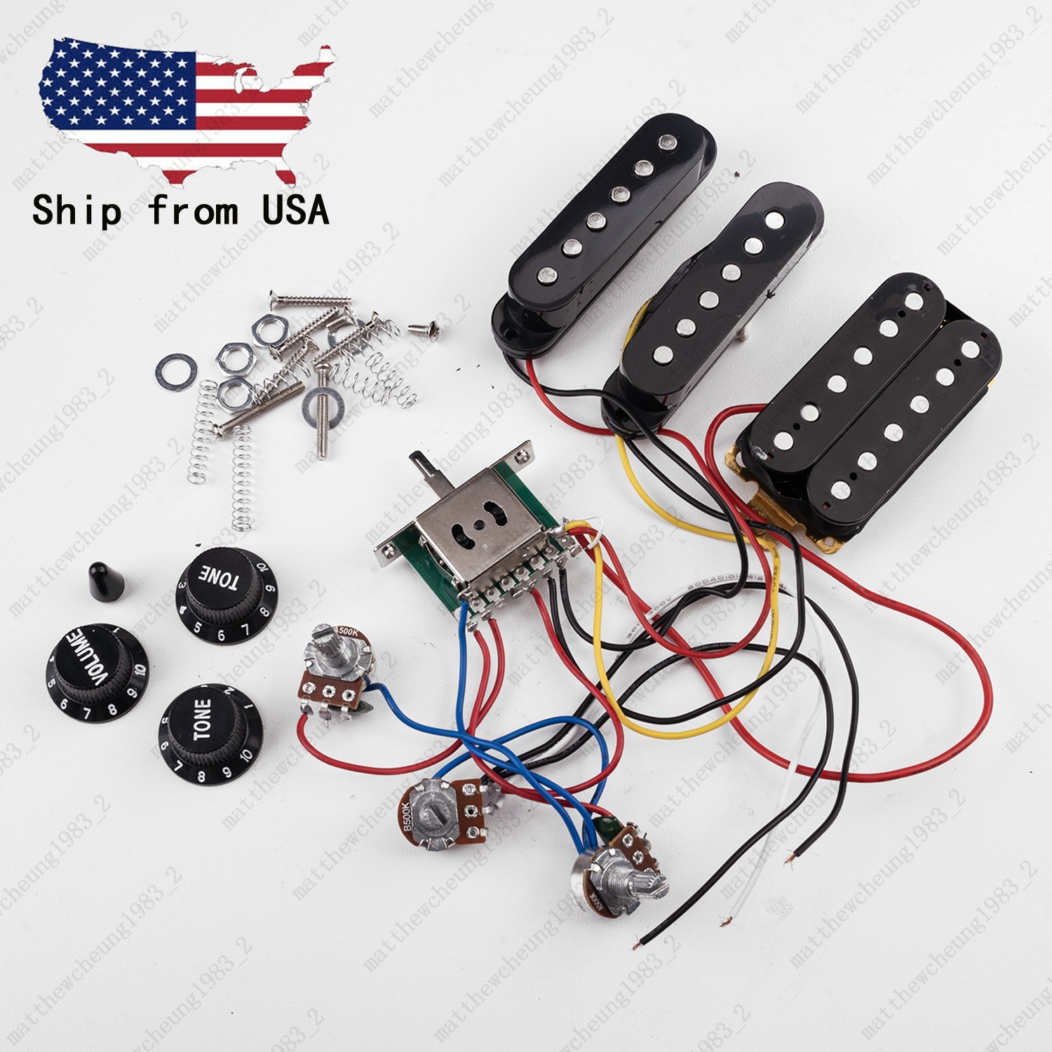 Electric Guitar HSS Pickups Wiring Harness with 500K Pots for Strat Guitar-Black