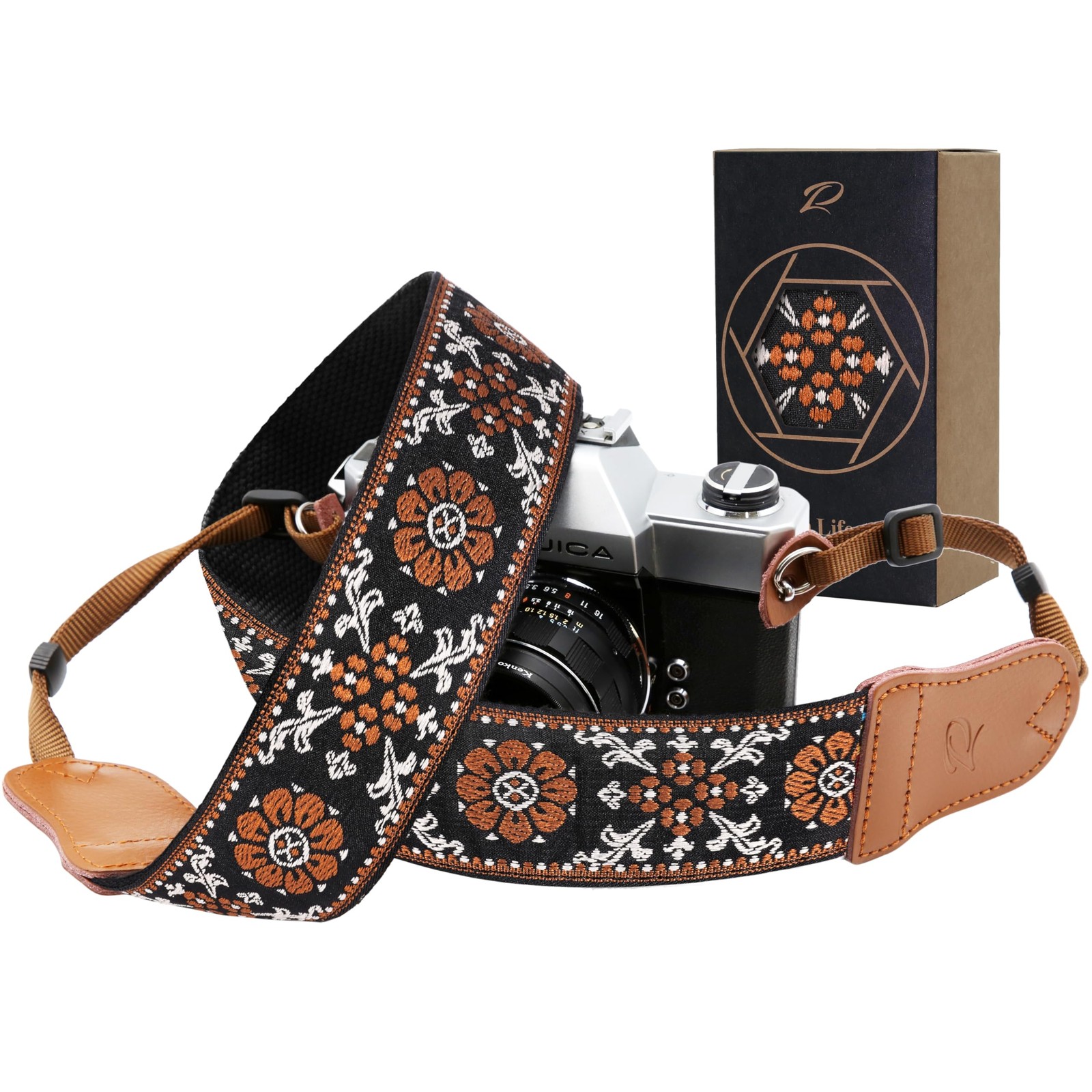 Brown Flower Strap - 2" Wide Double Layer Cowhide Head Cotton Strap,Vintage J...
