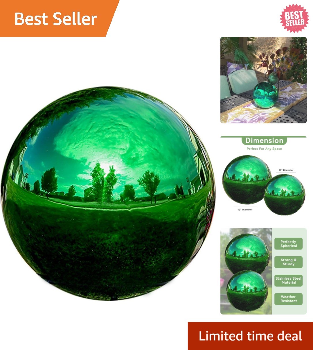 Sparkling 10-Inch Green Stainless Steel Gazing Globe for Garden & Home Decor