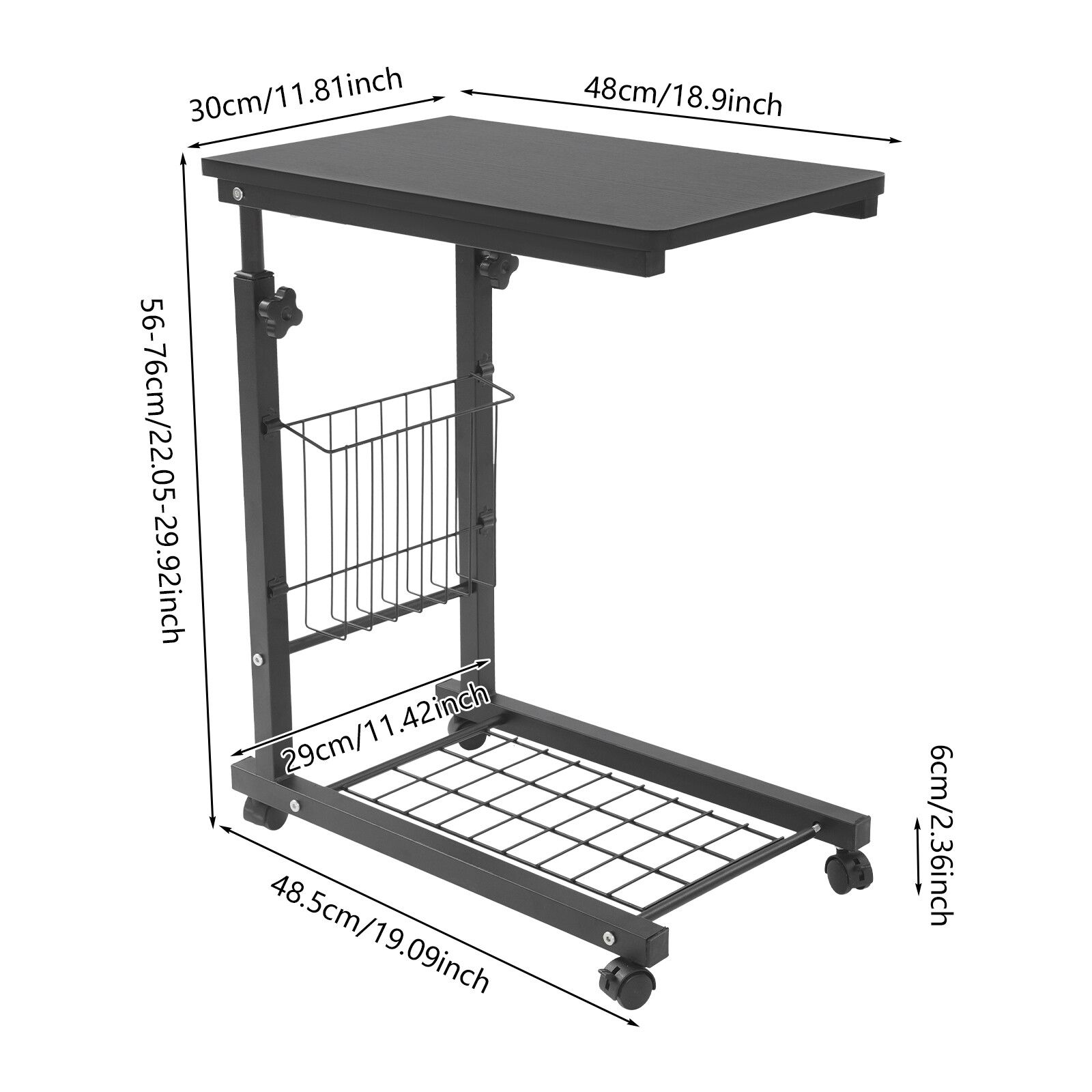 2 Tiers Adjustable Bed Side Table Black Indoor Mobile Standalone Table w/ Wheels