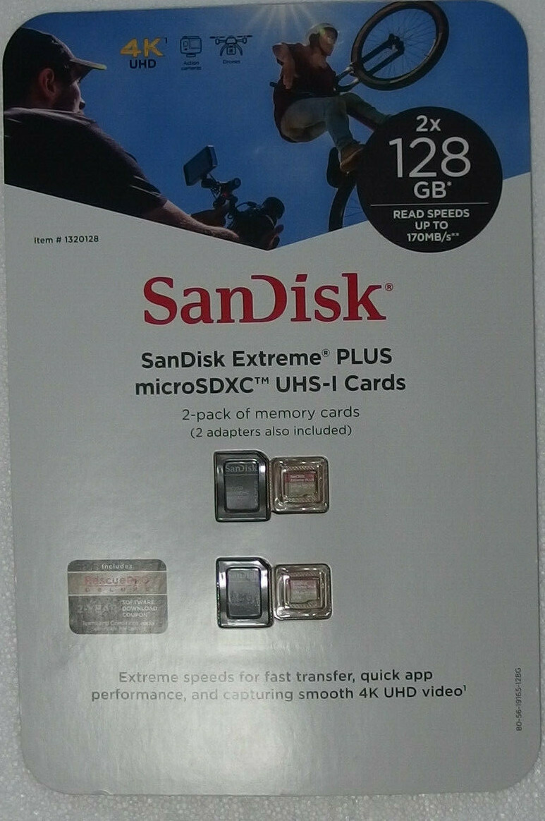 2 Pack new 128GB SanDisk Extreme PLUS A2 microSD Memory Card Adapter 4k UHD