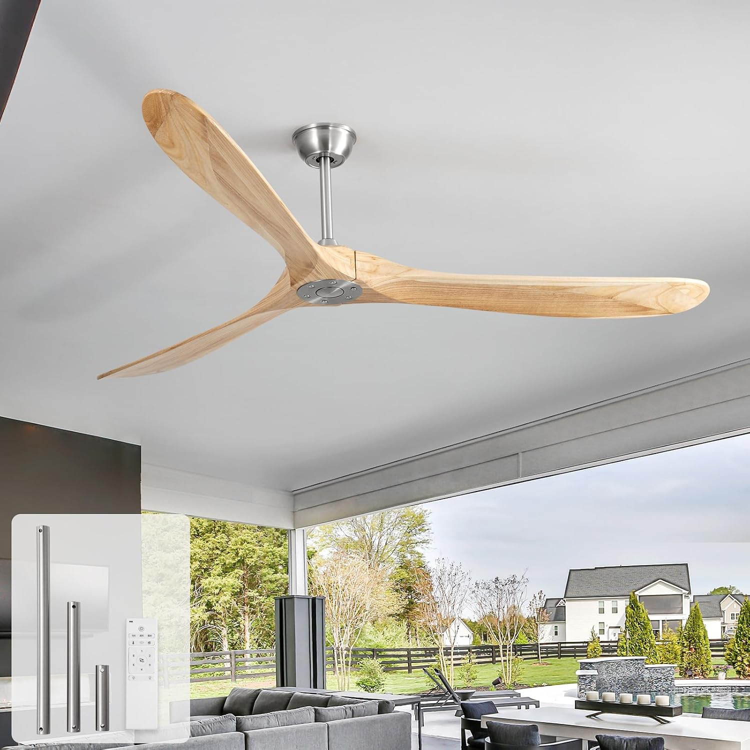 Ceiling Fan No Light, 72 Inch Natural Solid Wood Blades, 6 Speeds, Timer Functio