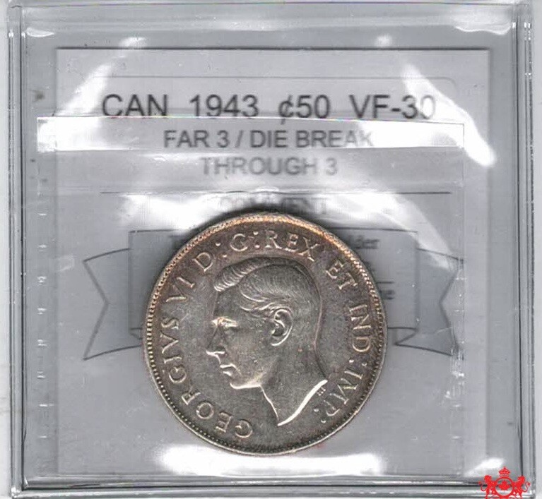 1943 Canada 50 Cents Far 3 Die Break 3 - CMG VF30 - New Variety 020667