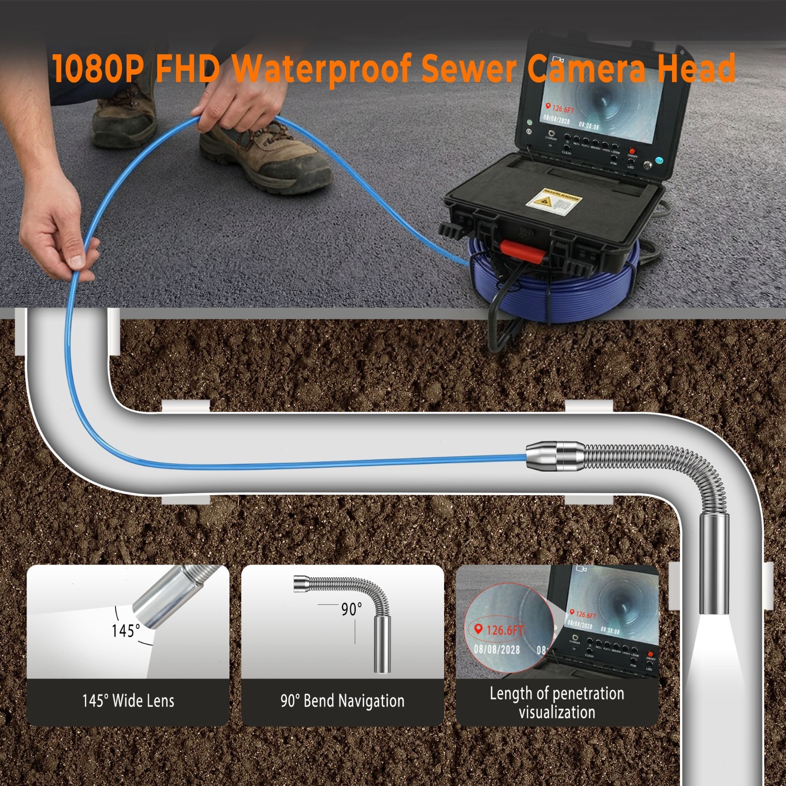 164ft Sewer Pipe Inspection Camera 512hz Self-leveling Pipe Camera 9" Display