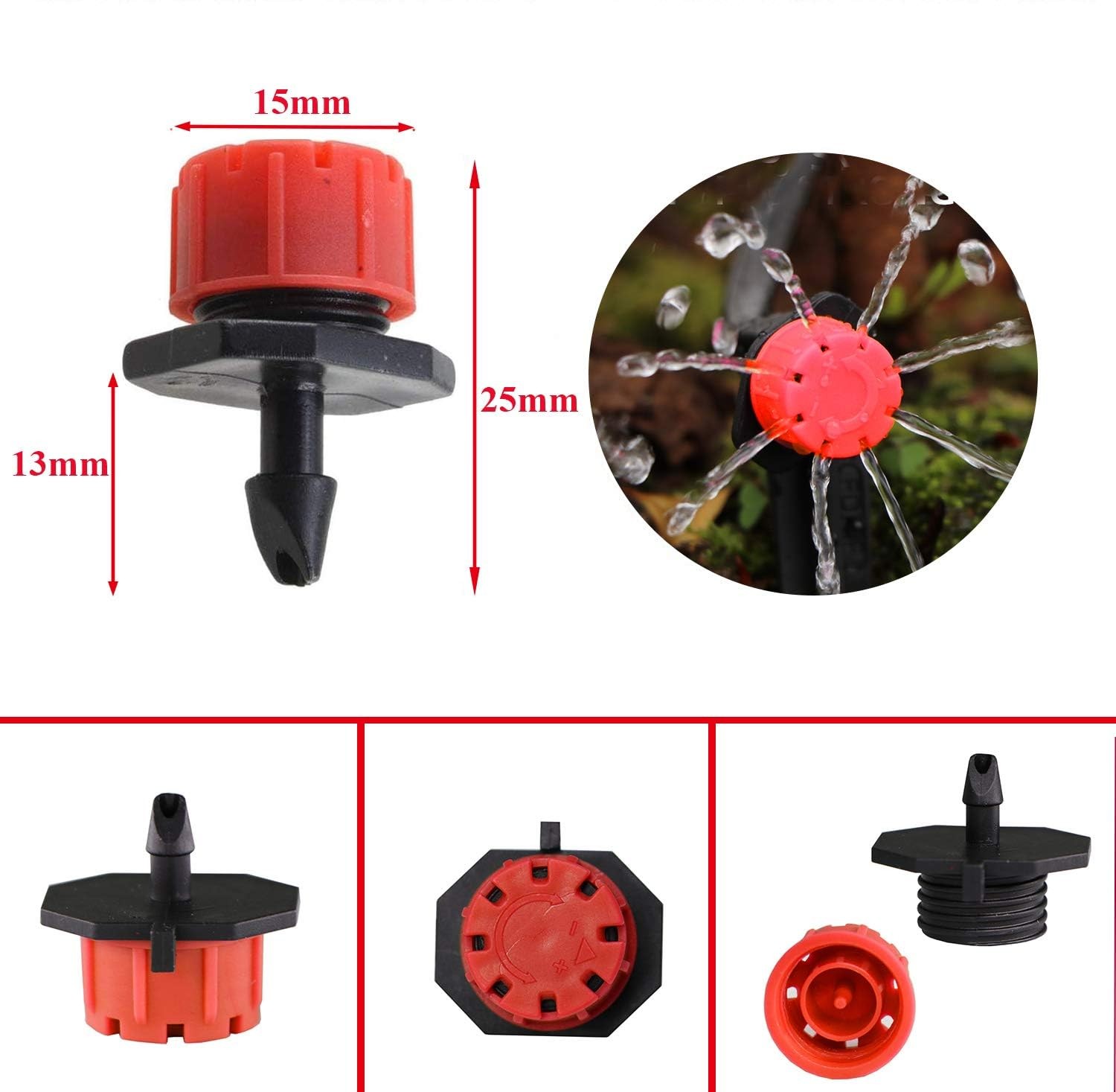 Kalolary 200Pcs Adjustable Drip Irrigation Emitters, 1/4Inch Medium, Red