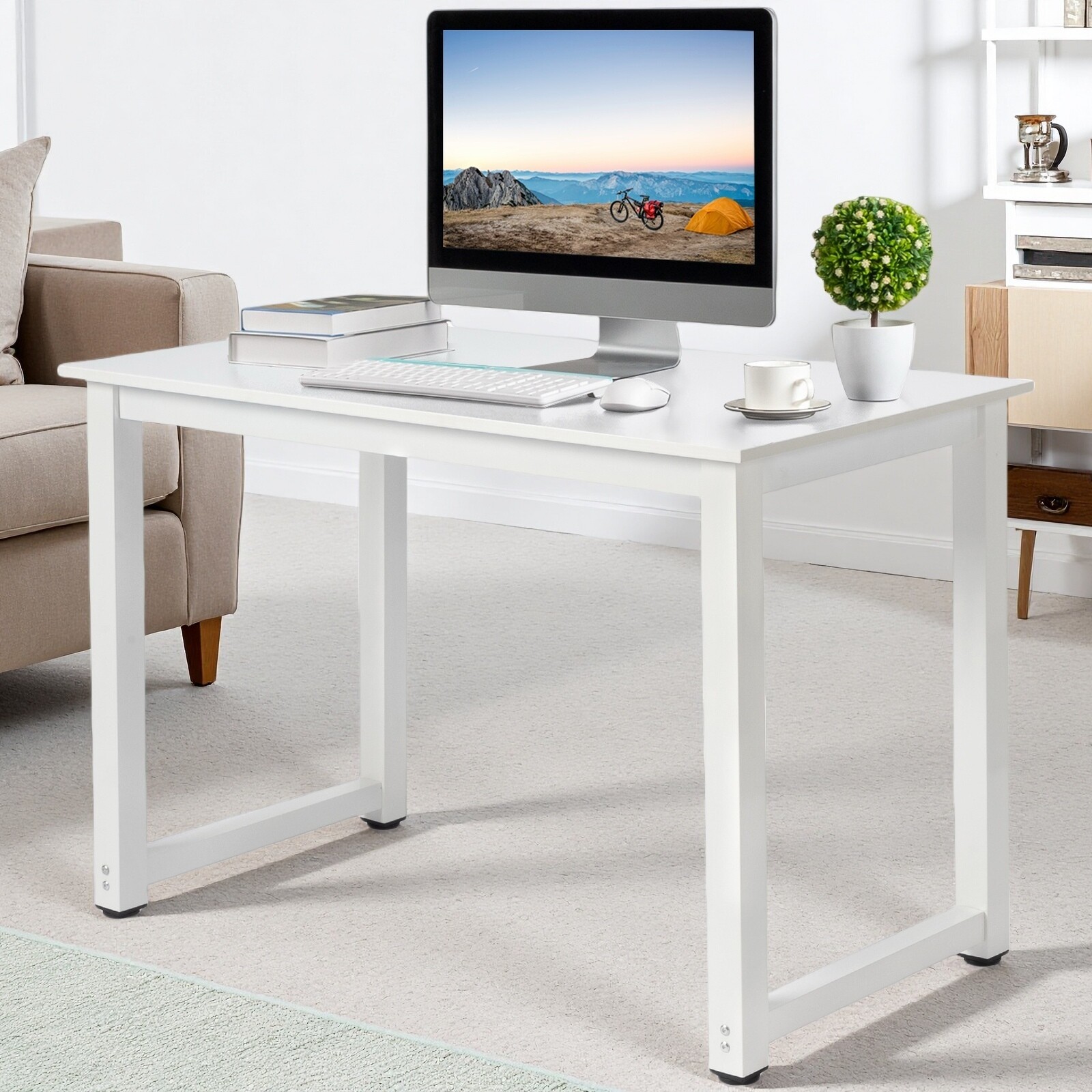Simple Computer Desk - Portable, White, Steel White Frame & Adjustable Foot Pad