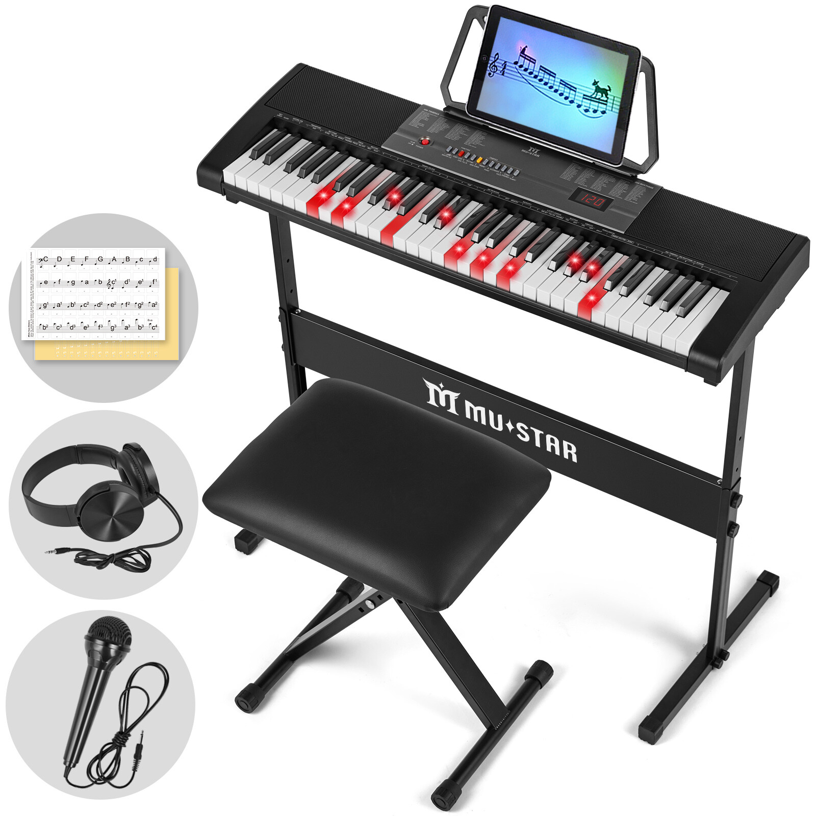61Key Portable Light Up Electric Piano Keyboard w/Bench,Stand,Headset,Microphone