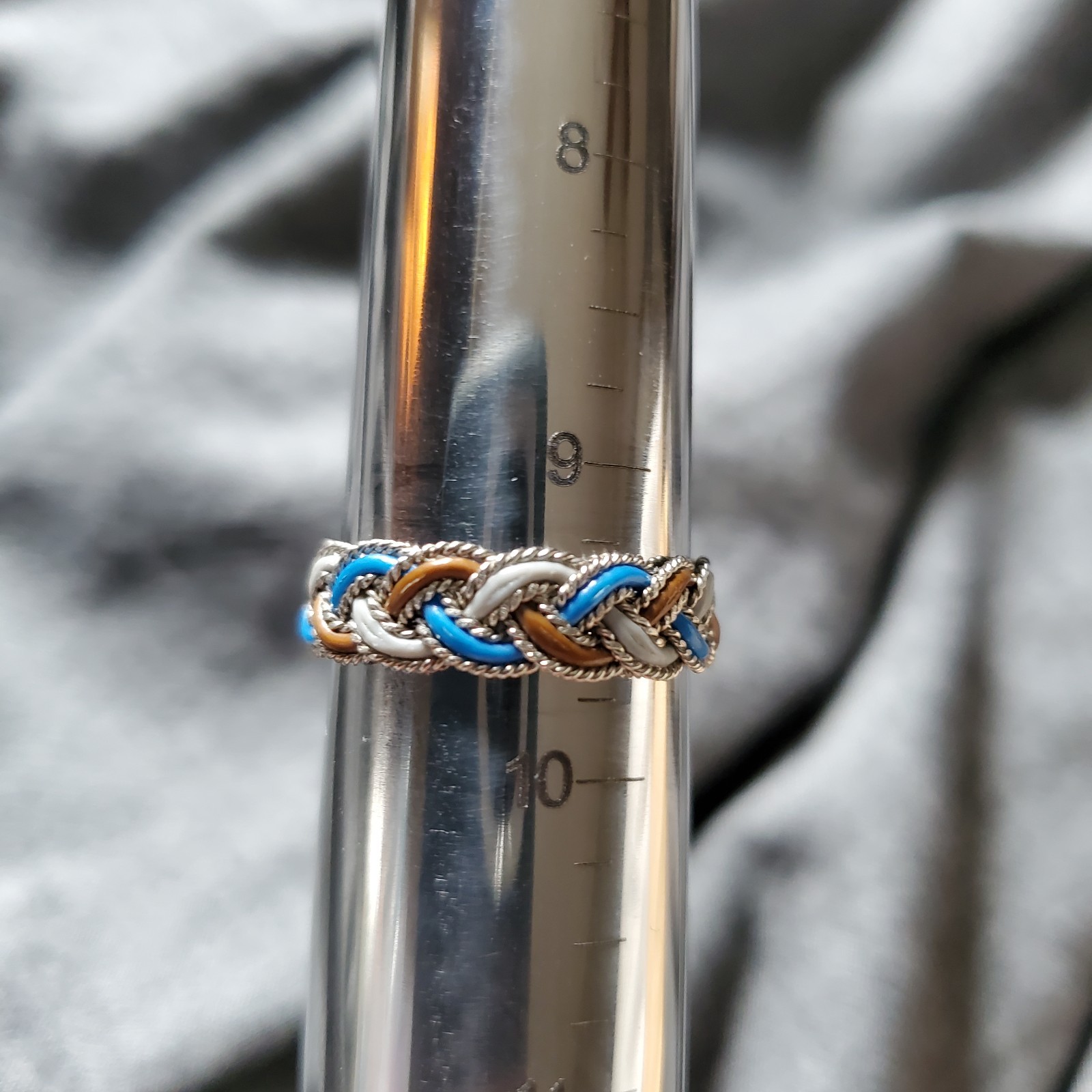 Handmade Upcycled Wire Ring, size 9.5 blue brown gray and silver