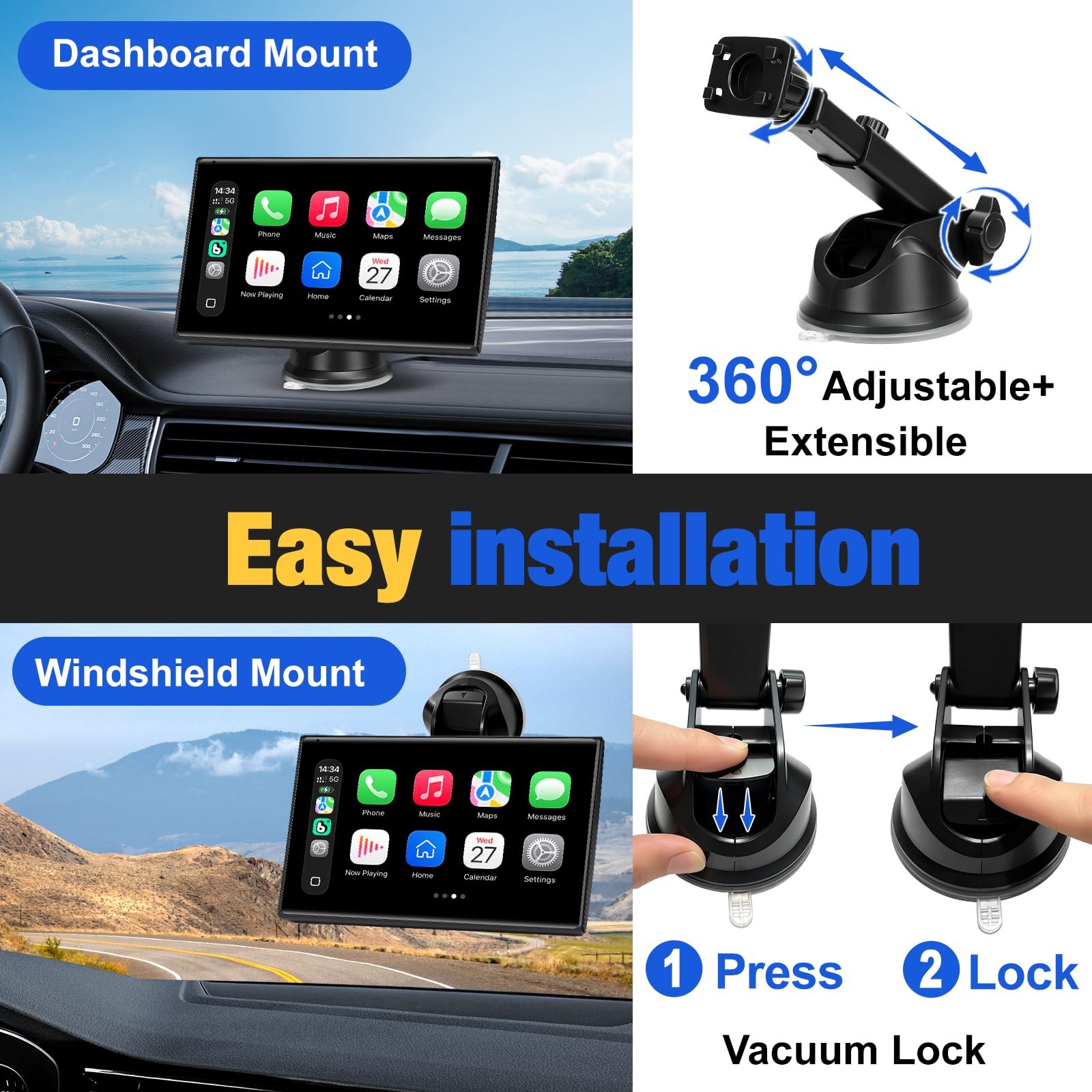 Carplay Screen for Car, 7 inch Wireless Carplay & Android Auto（Black）