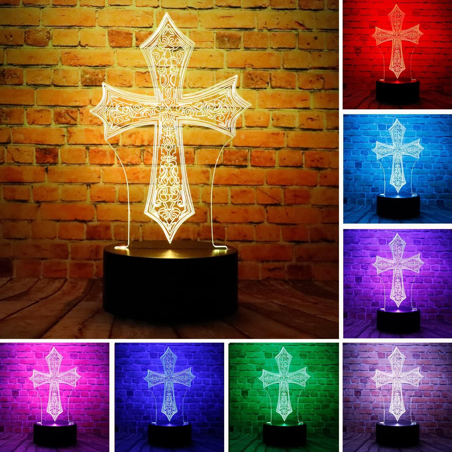 Kid Lights Desk Decor Lamp 3D Illusion Jesus Cross Remote 16Colors Night Light