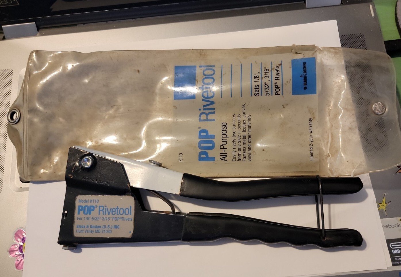 RIVET TOOL BLACK & DECKER POP RIVETOOL GUN K110 9" FOR 1/8" 5/32" 3/16" RIVETS