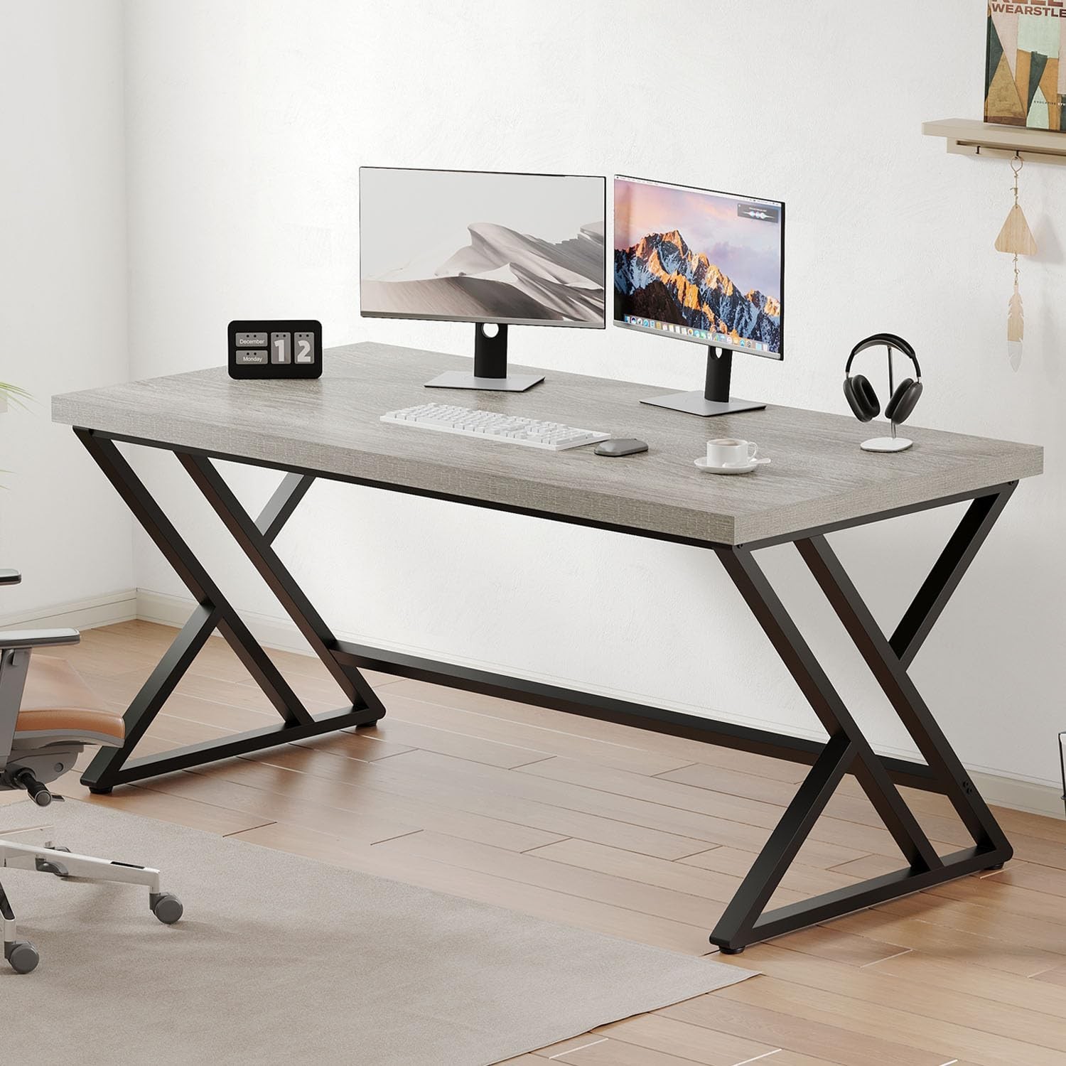 LVB Grey Desk, Industrial Wood Home Office Computer Desk for Bedroom, Farmhou...