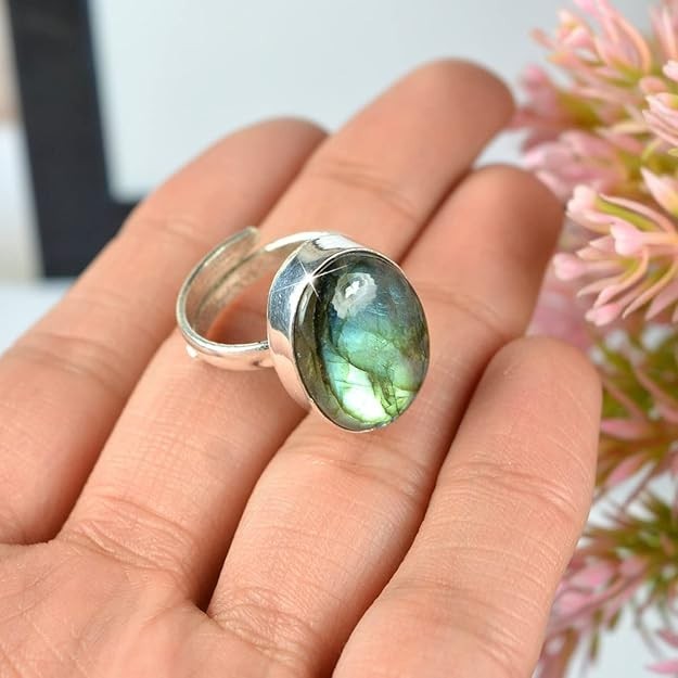 Natural Rainbow Labradorite Gemstone Ring 925 Silver Handmade Adjustable Ring