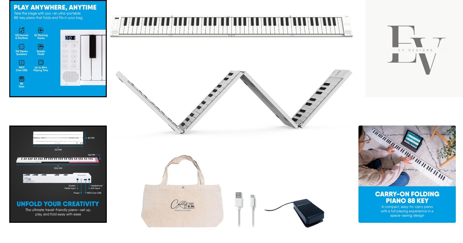 Portable 88 Keys USB MIDI Controller Digital Piano - Rechargeable & Foldable