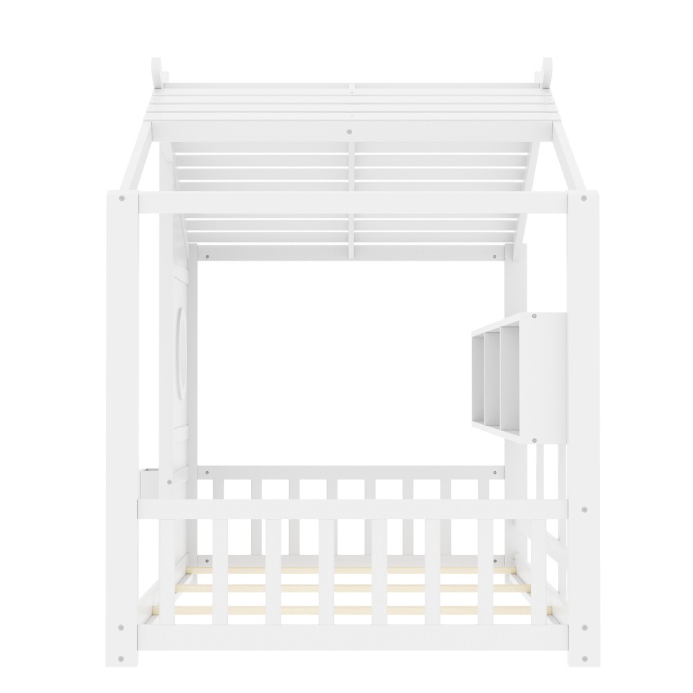Twin/Full Size Floor House Bed Frame for Toddler with Storage Shelf, White/Grey