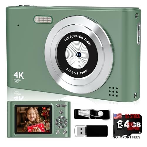 Digital Camera, 44MP Full HD 1080P Point and Shoot Camera with 64GB Card, Green