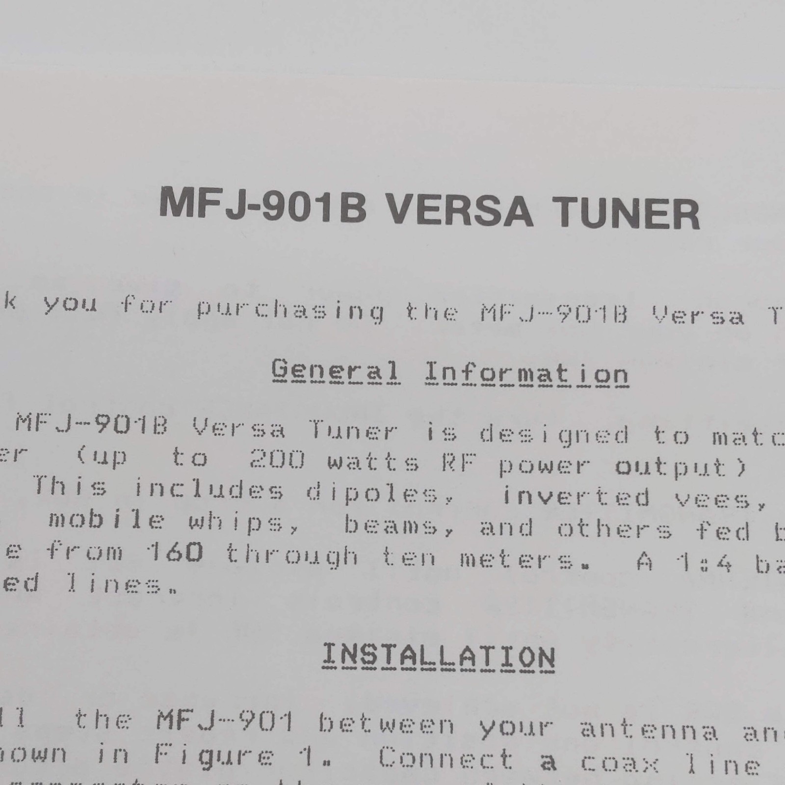 MFJ-901B Versa Tuner Instructions, Original