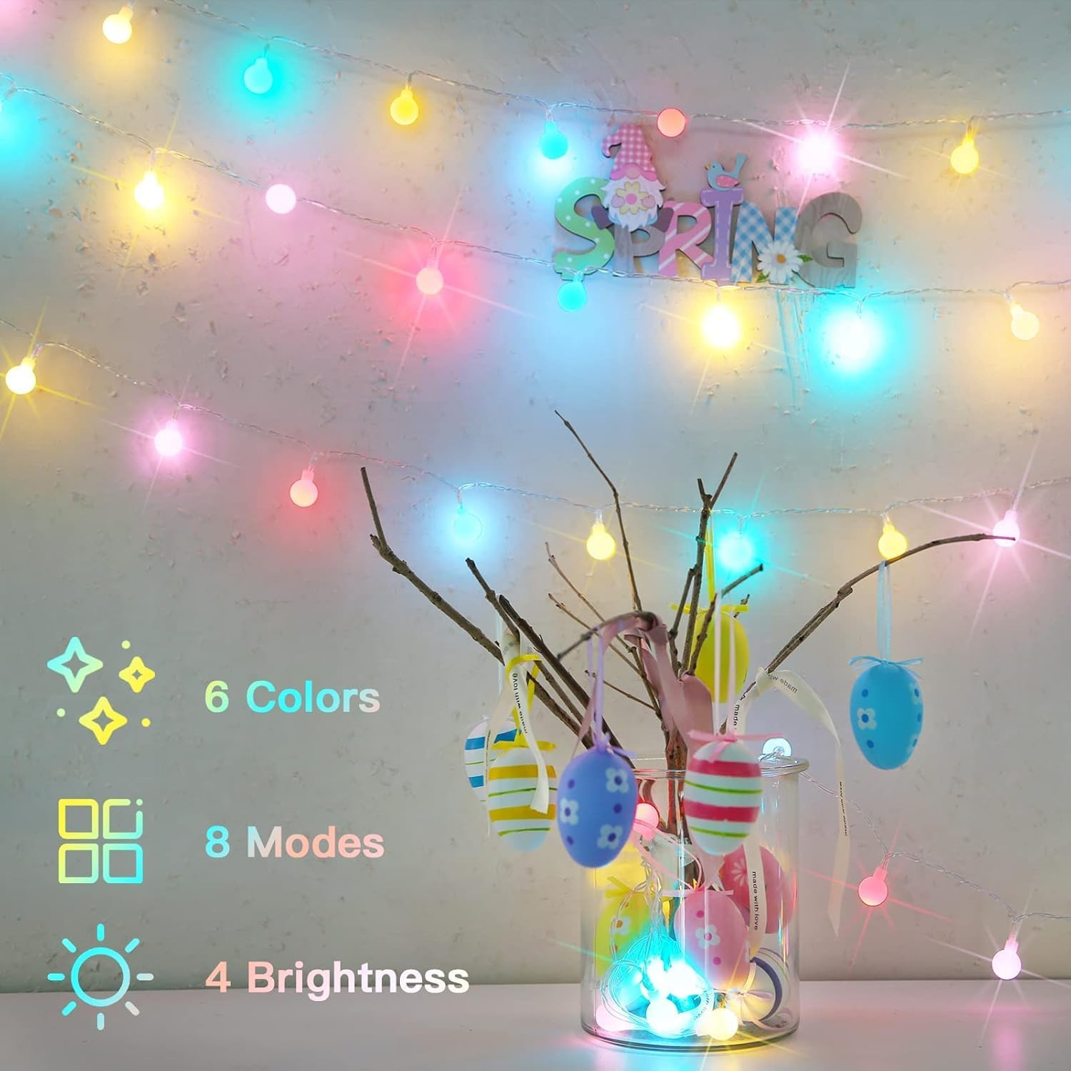Easter Lights Plug In, 33Ft 100 Led USB Pastel String Lights with Timer, Globe S