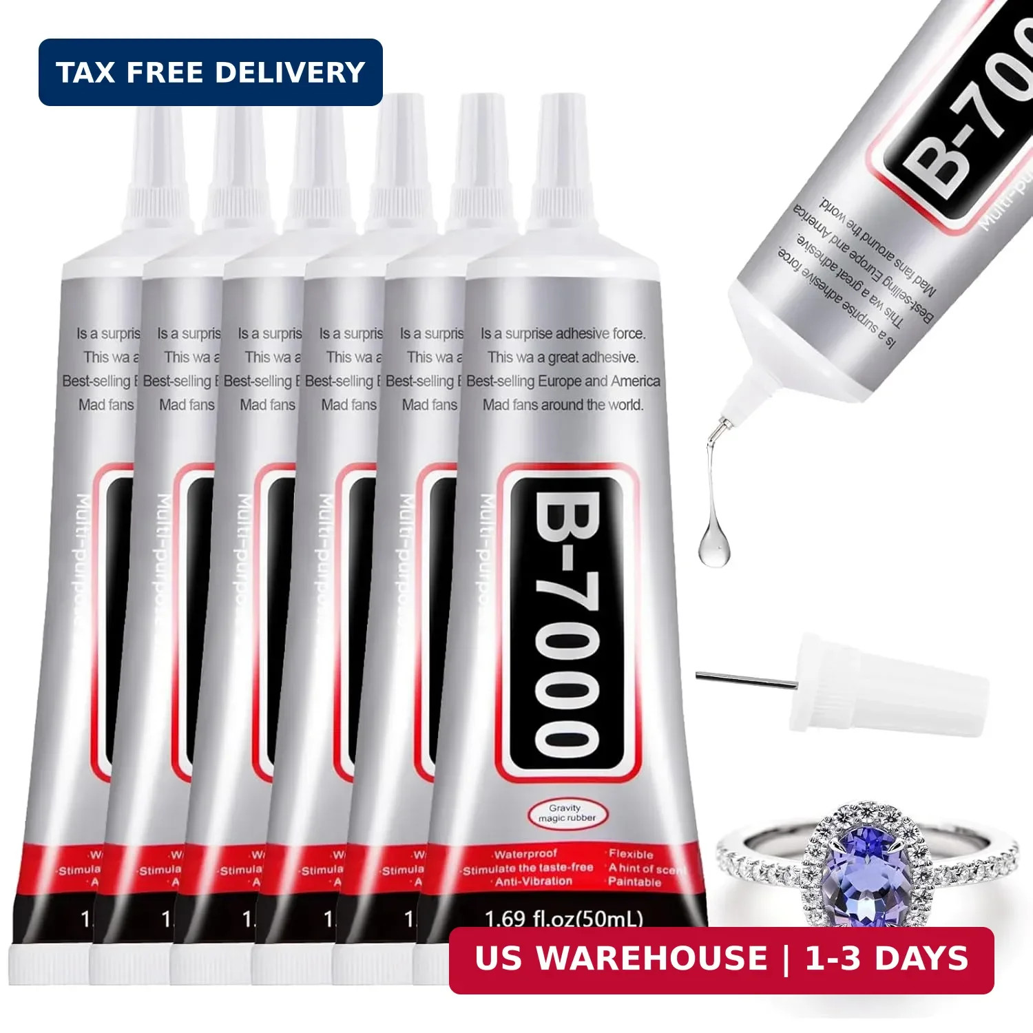 6 PCS 50ml B7000 Glue Clear with Precision Tip, Bedazzling Glue, Rhinestone Glue