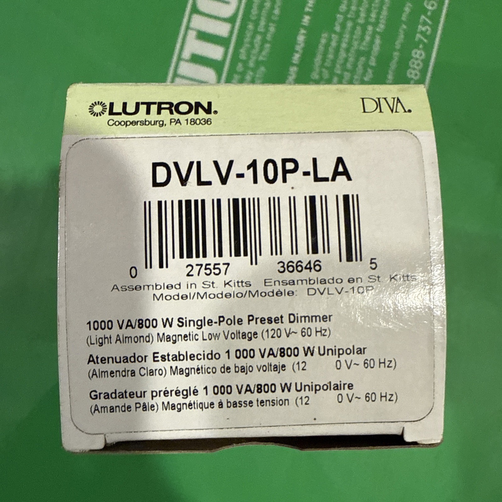 Lutron Diva DVLV-10P-LA 1000 VA/ 800 Single Pole Preset Dimmer Switch L Almond