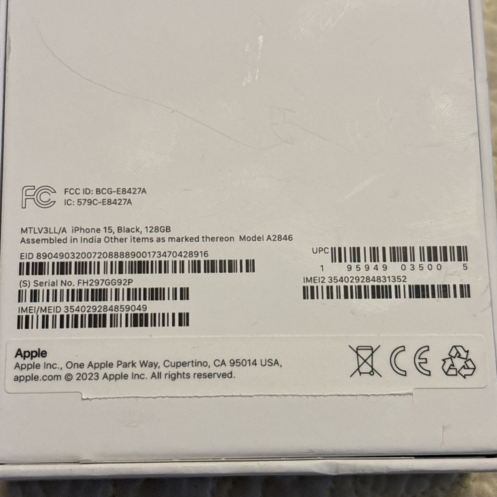 Original Apple iPhone 15 Retail Box Only (INK MARK)