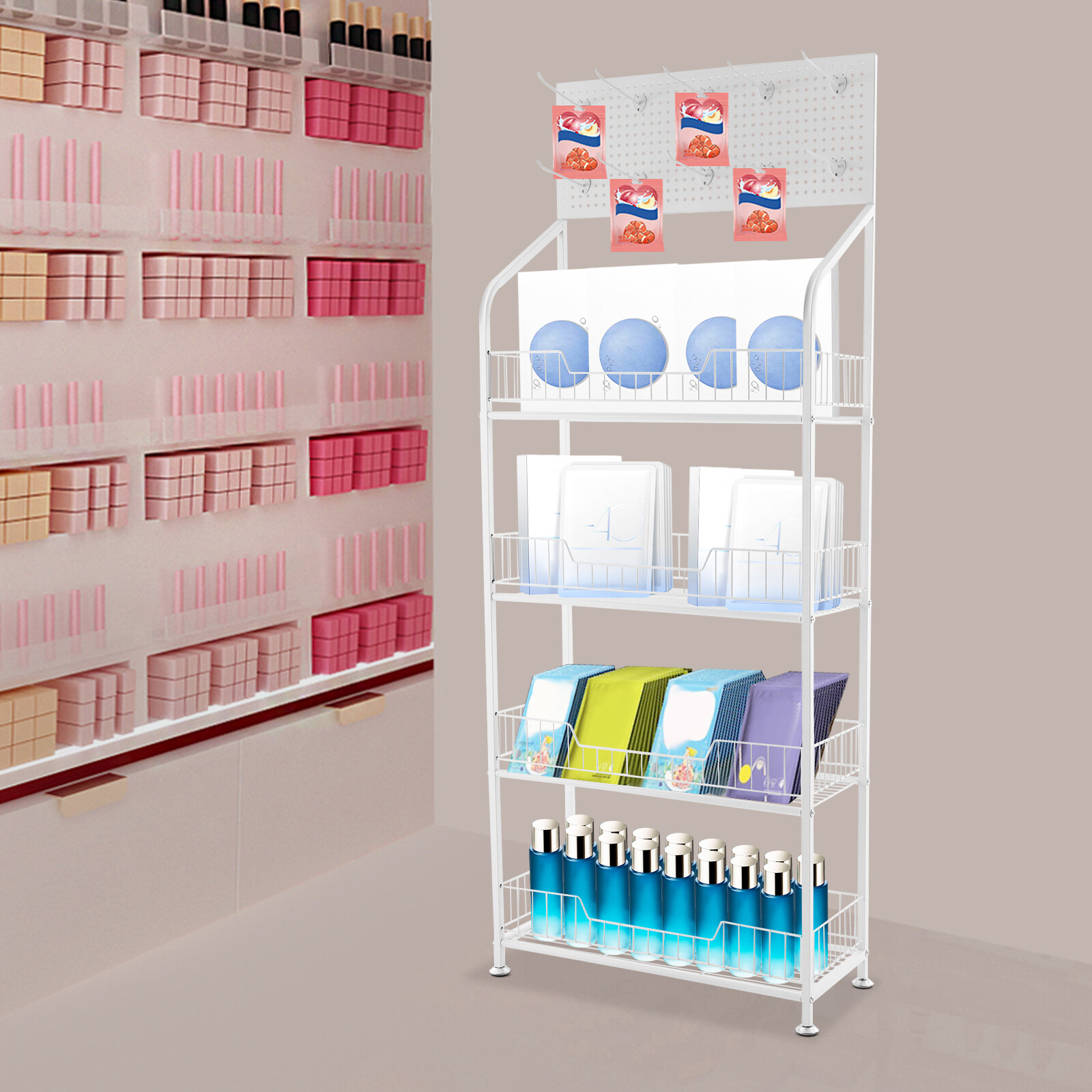 Snack Rack Stand with Hooks 4 Tier Retail Display Rack Snack Display Organizer