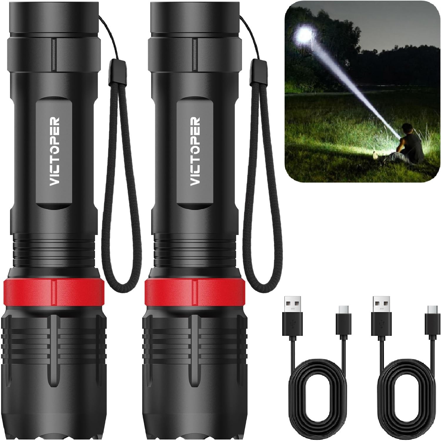 Rechargeabe Flashlight 2 Pack, High Lumens 5 Modes LED Small Tactical Flashli...