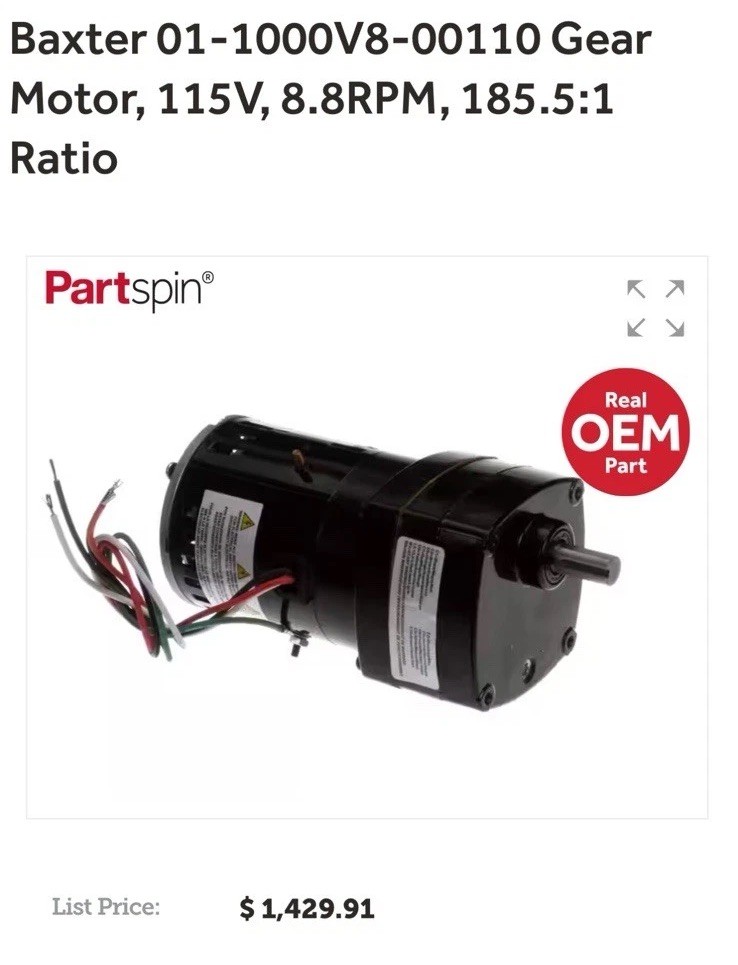 Baxter 01-1000V8-00110 Gear Motor, 115V, 8.8RPM, 185.5:1 Ratio. New