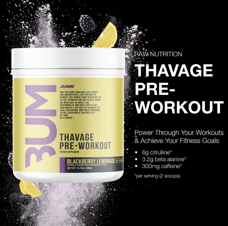 BUM Thavage RAW Pre-Workout Blackberry Lemonade flavor 13.76 Oz.