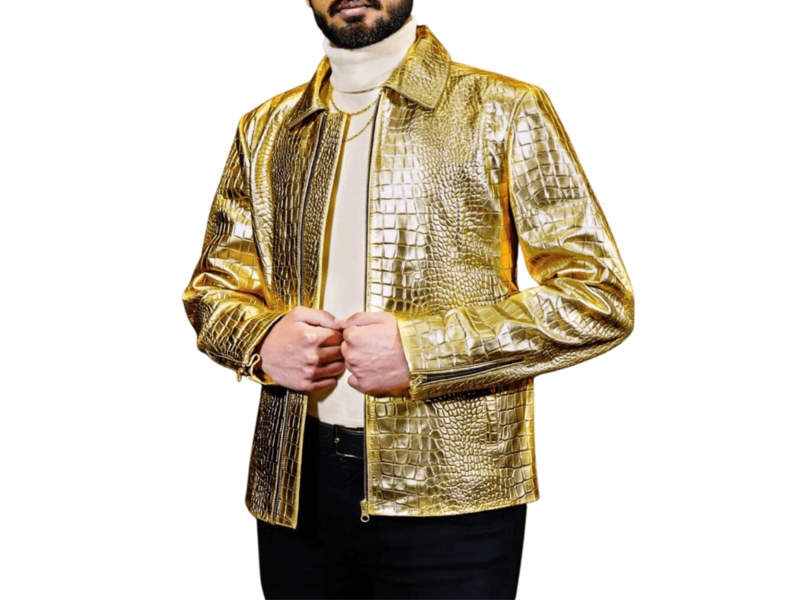 Mens Gold Crocodile Embossed Genuine Leather Jacket LuxuryMen Gold  Fashion Coat