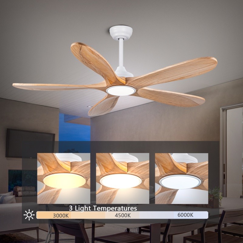 52" Modern Solid Wood Ceiling Fan w/Light 3CCT Noiseless Reversible APP/Remote