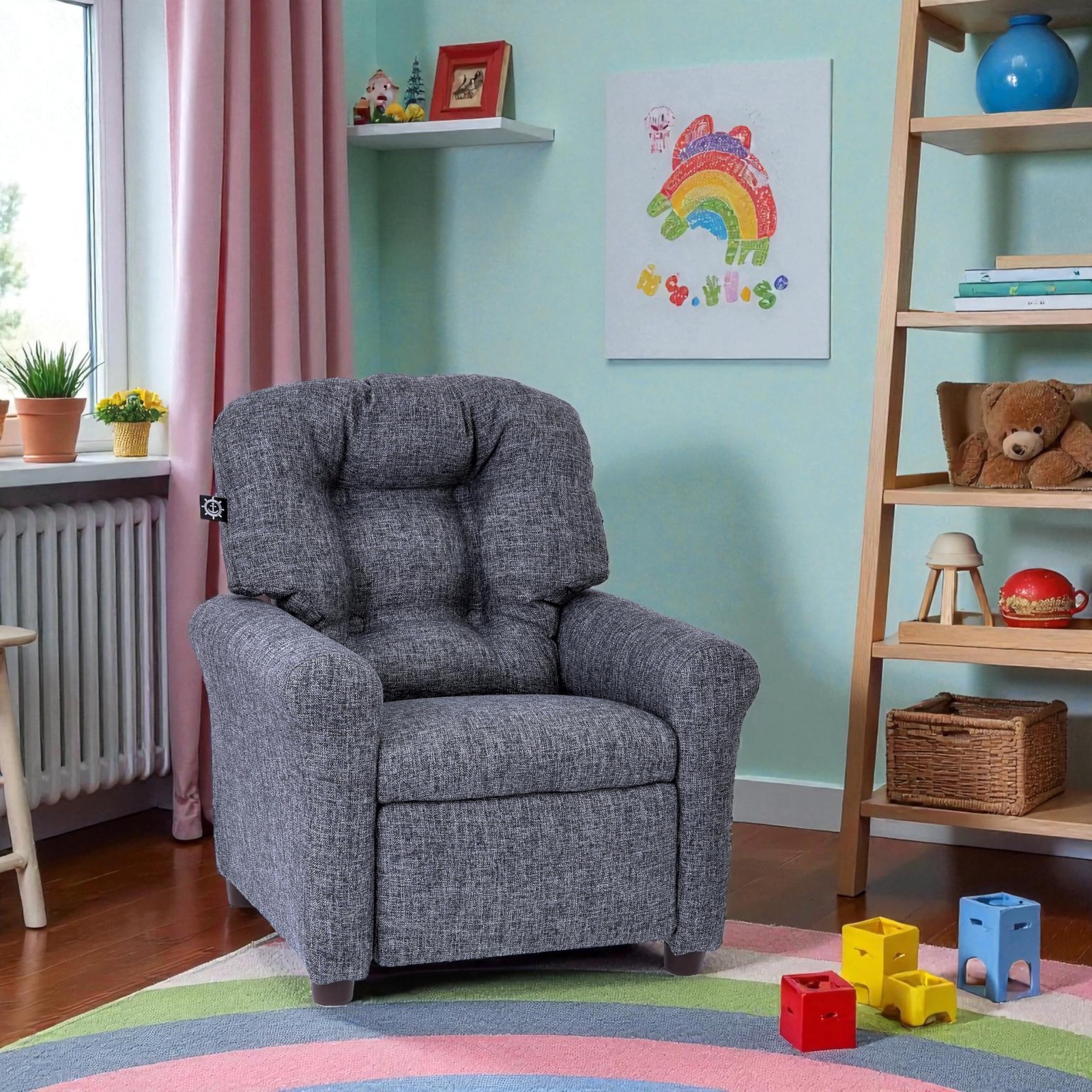 Traditional Kids Recliner Chair, Toddler Ages 1-5 Years, Polyester Linen, Gray