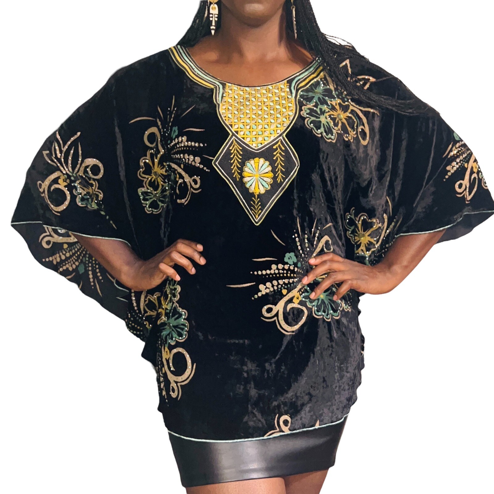 Black Velvet Women Caftan Butterfly Blouse with Rhinestones