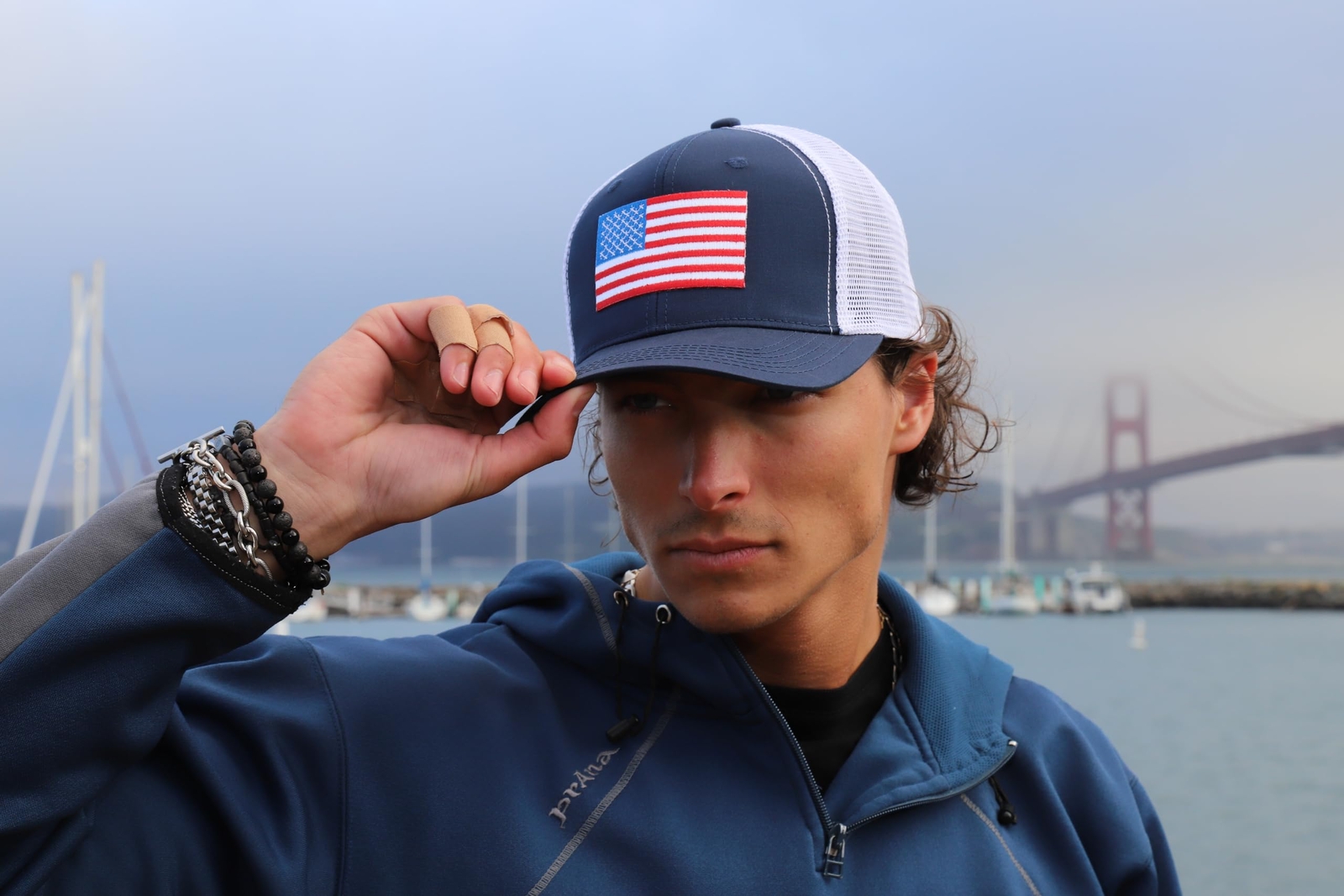 American Flag Hat - USA Flag Patriotic Trucker Baseball Snapback (Navy/White)