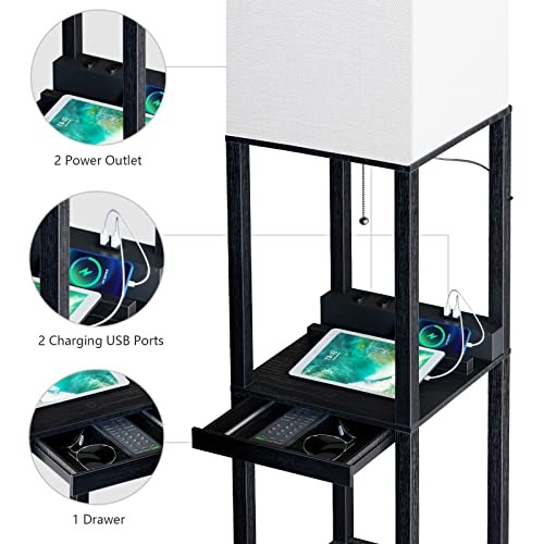 Black Solid Wood Floor Lamp with Shelves - Modern Dimmable - 1 Black