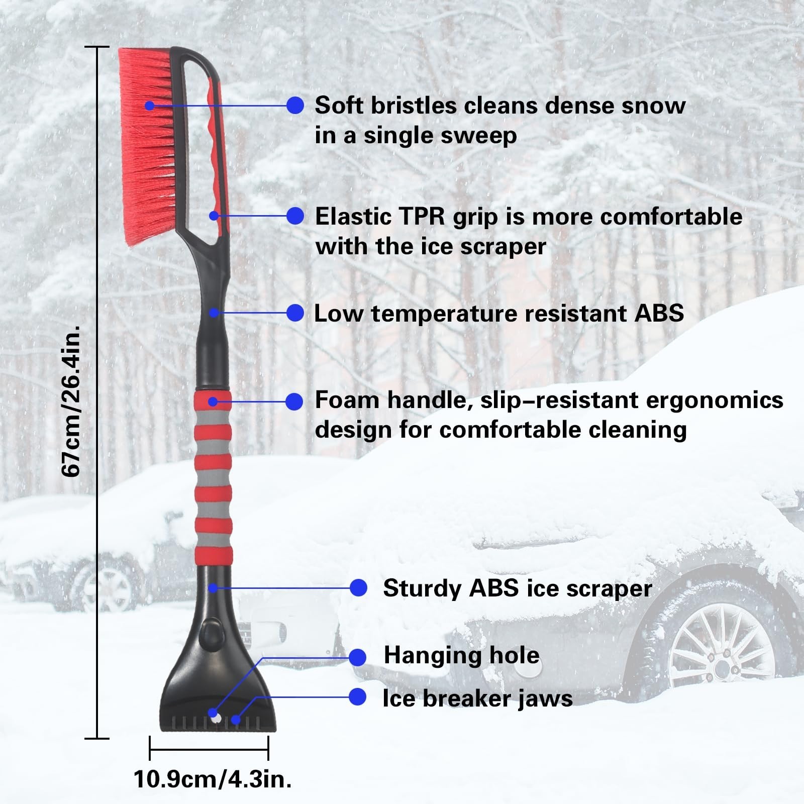 2-in-1 Snow Brush & Ice Scraper for Car Windshield - 26.4" Deicer Tool, 2 Pack