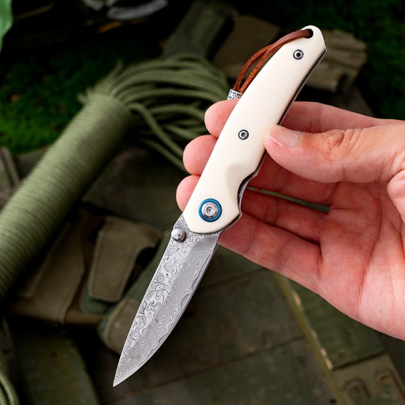 1pc Pocket Folding Knife Damascus Steel, For Outdoor Camping Hiking EDC Knives