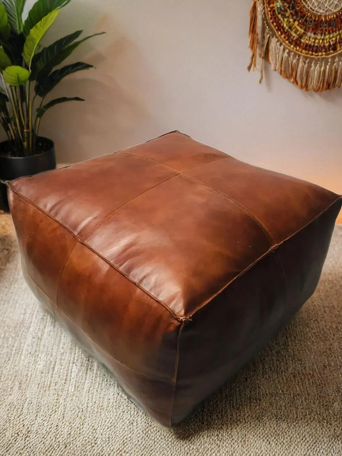 Elegant Brown Leather Footstool Ottoman Handmade Square Design 30'' Unstuffed