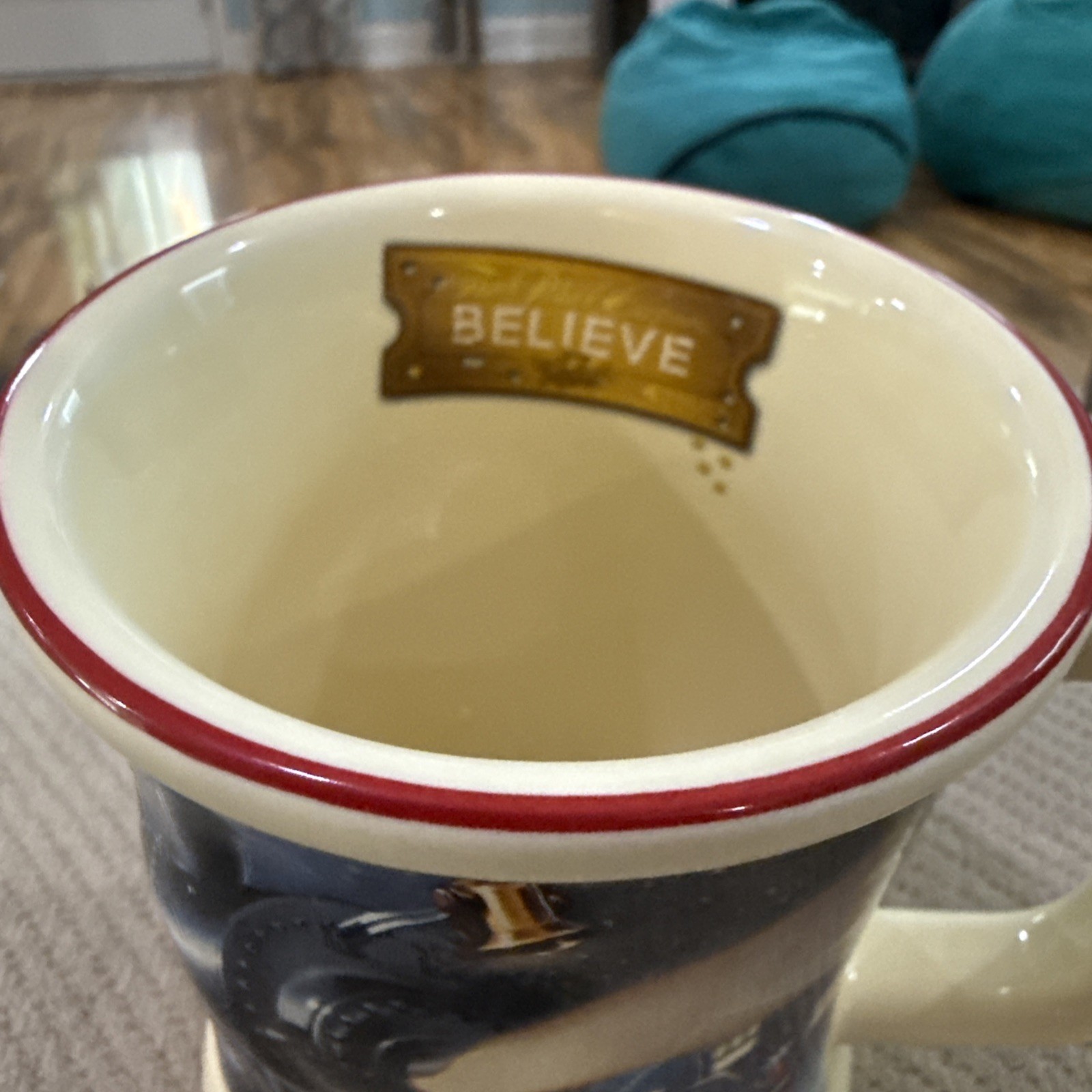 Warner Bros Polar Express Ceramic Coffee Mug Embossed Ticket Version Red Rim