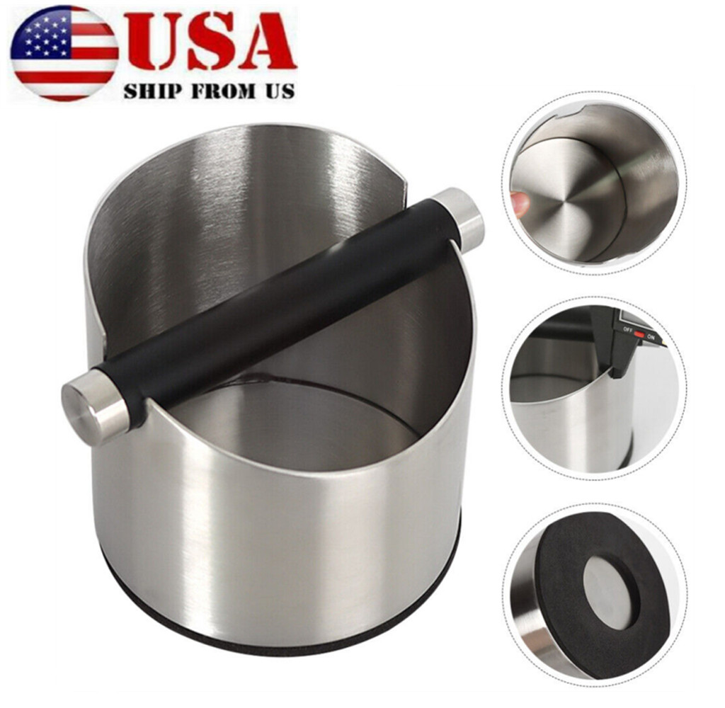 Silver Coffee Bin Grounds Bucket Espresso Container Knock Box Bar W/Knock US