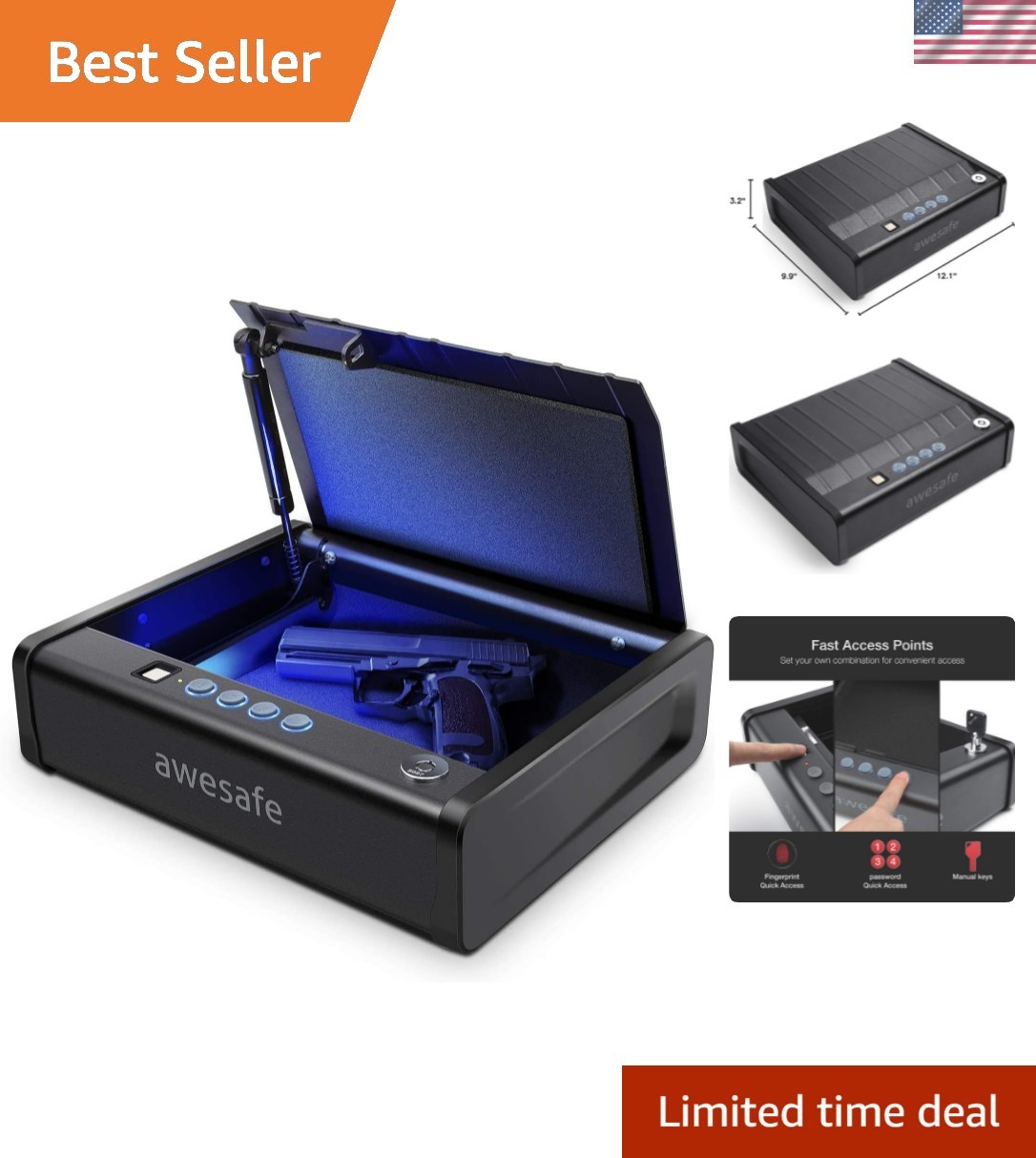 Biometric Gun Safe for Pistol, 3 Ways Quick Access Handgun Safe with Fingerpr...