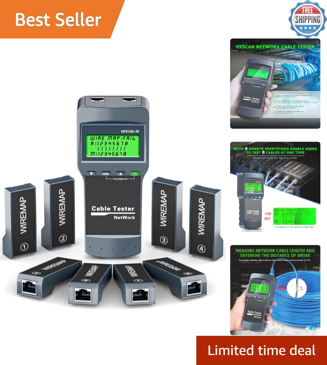 Professional RJ45 Network Cable Tester with 8 Remote Units for Quick Troubles...