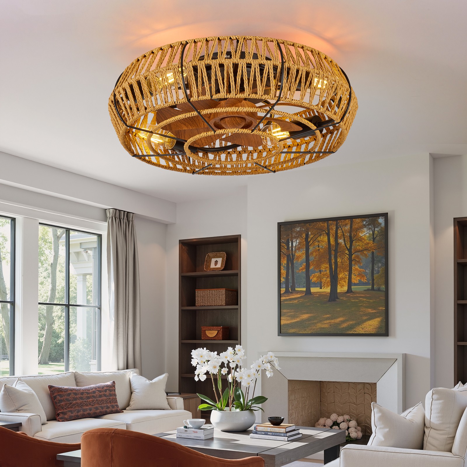 19" Boho Rattan Flush Mount Ceiling Fan Light Cage Lamp Fixture Kit with Remote