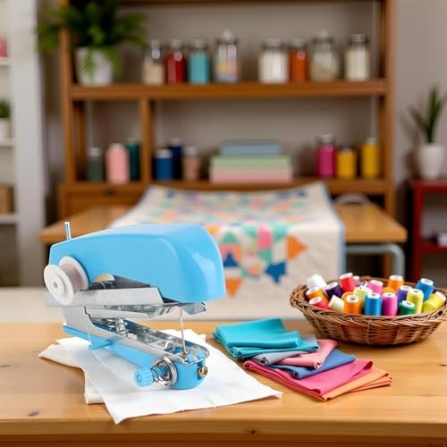 1Pc Blue Handheld Sewing Machine, Portable Mini Manual Handy Needlework Tool