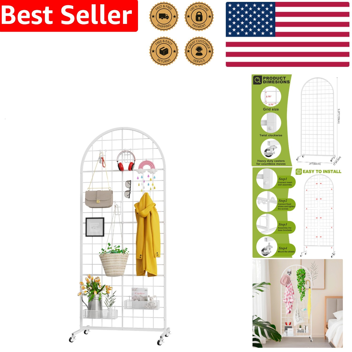 White Grid Wall Panel Display Rack 2'x5.2' Heavy Duty Movable Retail Stand