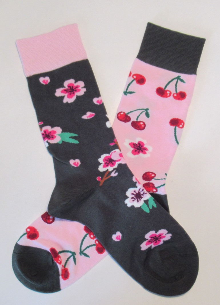 Odd Socks / Cherries & Cherry Blossom 1 Pair Size M UK 5-8 / Ladies Girl's Teens