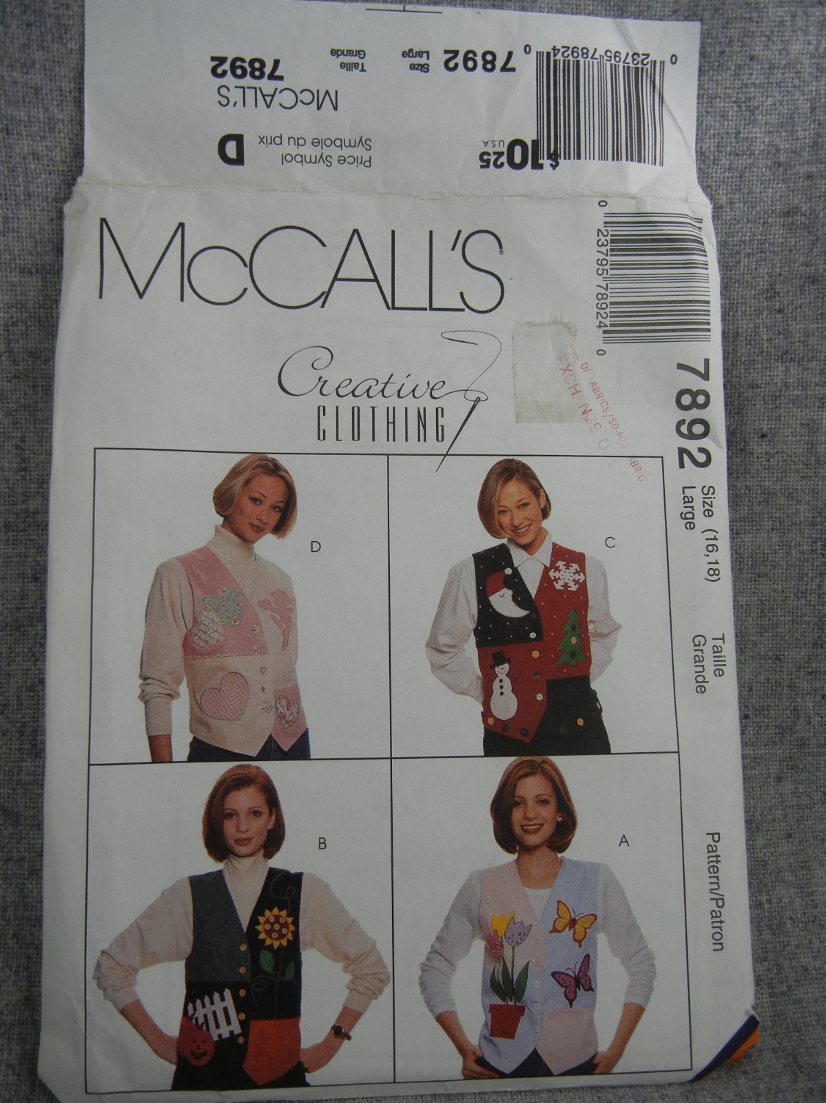 McCalls 7892 Misses Lined Vests button front Appliques Large 16 18 Uncut